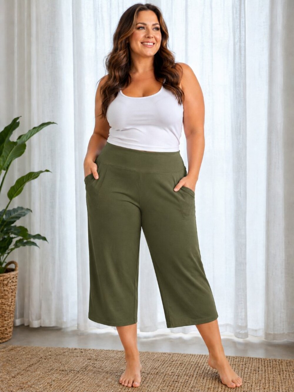 AMAZON Yoga Pant w/Pockets Cropped Stretch Green XL